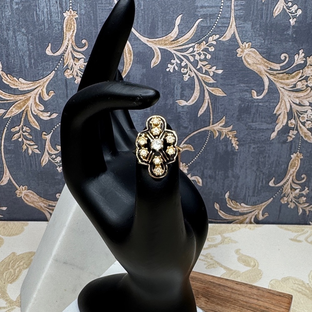 Vintage Estate 18k GE Gold and Black Enamel Floral Ring Size 4.75 Lot D18